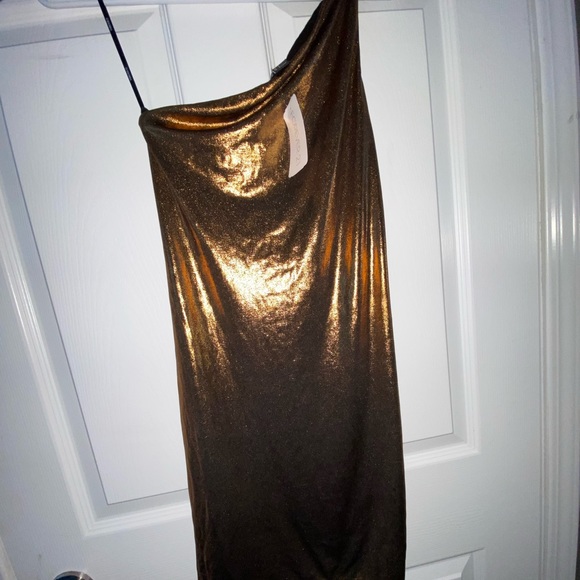 One shoulder bronze mini dress, fits like a glove. Size Small. Worn once. - Picture 2 of 6